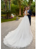 Beaded V Neck Ivory Lace Tulle Keyhole Back Dreamy Wedding Dress